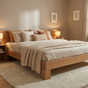 May include: A light wood bed frame with a matching headboard and nightstand. The bed is made up with neutral-colored bedding and a beige throw blanket. A beige rug is on the floor. Two framed botanical prints hang on the wall.