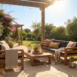 Può includere: Set di mobili da giardino in legno con un divano, due poltrone e un tavolino. Il divano e le poltrone hanno cuscini grigio scuro e cuscini decorativi. Una coperta con frange è drappeggiata sulla poltrona. La scena è ambientata su un patio con un pergolato.