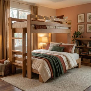 Peut inclure: Un lit superposé en bois clair avec une échelle. Le lit est fait avec une literie blanche, des couvertures orange et vertes, et des oreillers décoratifs. Une guirlande lumineuse est drapée sur le lit supérieur.