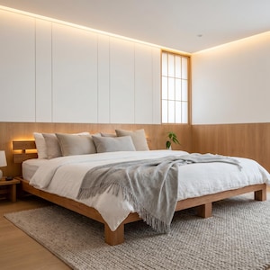May include: A modern bedroom featuring a wooden bed frame with white bedding and a gray throw blanket. The room has a neutral color palette with wooden accents, a small side table, and a rug.