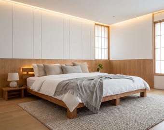 May include: A modern bedroom featuring a wooden bed frame with white bedding and a gray throw blanket. The room has a neutral color palette with wooden accents, a small side table, and a rug.