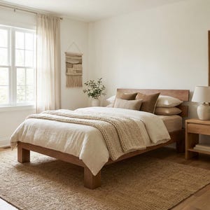Può includere: Una camera da letto con un letto in legno, testiera e biancheria da letto dai toni neutri. Un tappeto tessuto è sul pavimento. Un comodino con una lampada e uno specchio sono anch'essi presenti. L'arredamento della stanza è in una palette di colori neutri.