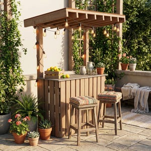 May include: A wooden outdoor bar with string lights, lemons, and two stools with patterned cushions. The bar has a slatted front and a wooden canopy. Potted plants and greenery surround the bar, creating a welcoming outdoor space.