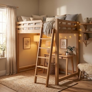 Puede incluir: Una cama alta de madera clara con escritorio y escalera integrados. La cama está amueblada con almohadas y una manta. Debajo de la cama hay un escritorio pequeño, con una planta y un cuadro enmarcado. La habitación tiene una paleta de colores neutros.