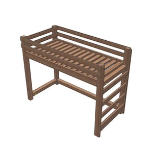 Wooden twin loft bed frame with slatted platform, four posts and side rails; space-saving DIY loft bed plans.