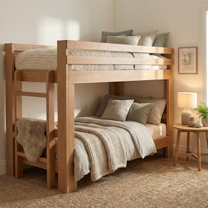 May include: A wooden bunk bed with a ladder, featuring a light-colored wood frame. The beds are made up with neutral-toned bedding, including pillows and blankets. A small side table with a lamp and plant sits nearby, with a woven rug on the floor.