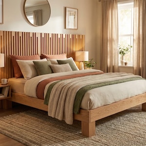 Puede incluir: Una escena de dormitorio con una cama de madera y un cabecero de listones. La cama está hecha con ropa de cama de tonos neutros, que incluye almohadas, una manta y una colcha. Se ve una mesita de noche con una lámpara. La habitación tiene una alfombra y cortinas.