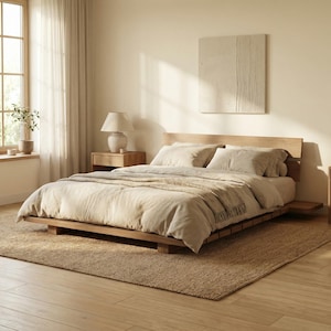 May include: A minimalist wooden bed frame with a low profile, featuring a light-colored duvet and pillows. The bedroom has a neutral color palette, with a beige rug and a wooden nightstand with a lamp. A window with sheer curtains is visible.
