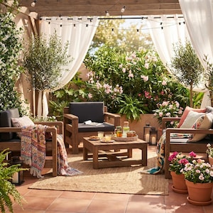 May include: Outdoor patio set with wooden armchairs, a coffee table, and a rug. The seating has dark cushions and colorful throw pillows and blankets. The patio is surrounded by plants, flowers, and white curtains.