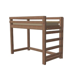 Wooden twin loft bed frame with slatted platform, four posts and side rails; space-saving DIY loft bed plans.