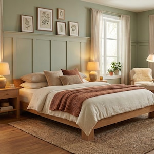 May include: A bedroom with a wooden bed frame, nightstands, and a woven rug. The bed is made with white linens and a rust-colored throw blanket. Decorative framed botanical prints hang above the bed. Two lamps sit on the nightstands, and a floor lamp is in the corner.
