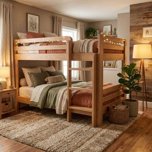 Peut inclure: Un lit superposé en bois à deux lits, avec une échelle pour y accéder. Les lits sont faits avec de la literie orange et verte, et des couvertures beiges. La pièce a une palette de couleurs neutres, avec un tapis beige et un plancher en bois.