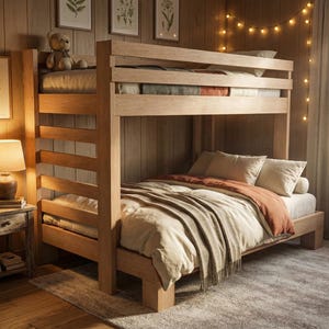 May include: A wooden bunk bed with a light brown finish. The bed has a ladder for access to the top bunk. The bedding includes a beige comforter, an orange throw, and a beige blanket. A small nightstand with a lamp is next to the bed.