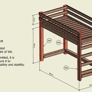 Wooden twin loft bed frame with slatted platform, four posts and side rails; space-saving DIY loft bed plans.