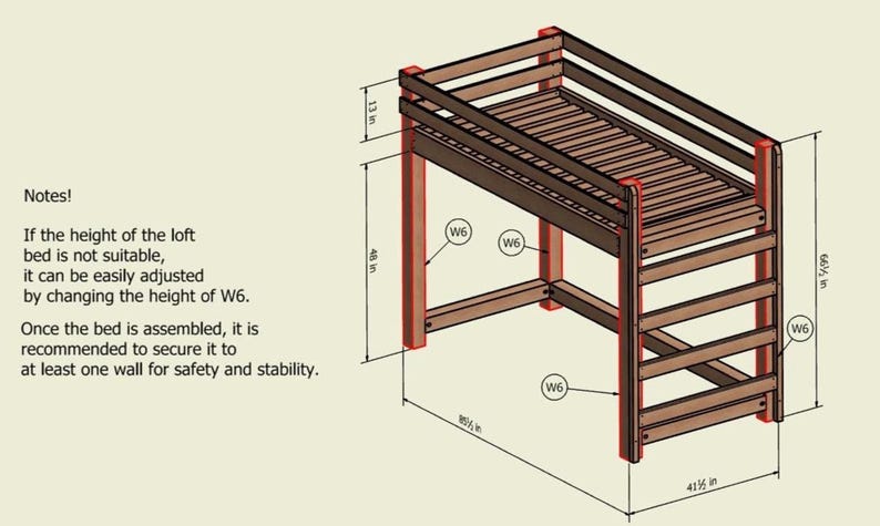 Wooden twin loft bed frame with slatted platform, four posts and side rails; space-saving DIY loft bed plans.