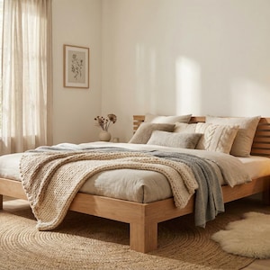 Op de afbeelding: Een licht houten bed met een latten hoofdbord is het middelpunt van deze slaapkamer. Het bed is opgemaakt met neutrale beddengoed, kussens en een dikke gebreide deken. Een jute vloerkleed en een ingelijste botanische print dragen bij aan de gezellige sfeer.