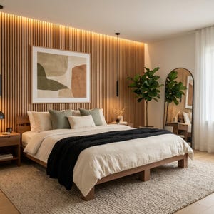 Puede incluir: Un dormitorio moderno con una estructura de cama de madera, una mesita de noche y paneles de pared. La cama está hecha con ropa de cama de color crema y una manta negra. Una gran obra de arte abstracto cuelga sobre la cama. También hay un espejo grande y una planta en maceta.
