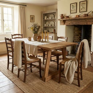 May include: A rustic dining room scene featuring a large wooden table with a light-colored linen runner. Six wooden chairs with woven seats surround the table. A beige rug covers the floor, and a fireplace and hutch are visible in the background.