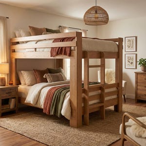 Puede incluir: Una litera de madera con escalera, con una paleta de colores neutros. La ropa de cama incluye mantas y almohadas blancas, naranjas y verdes. Una mesita de noche con una lámpara y una alfombra tejida completan el ambiente del dormitorio.