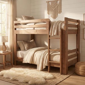 May include: A wooden bunk bed with a ladder, featuring a neutral color palette. The bed is adorned with pillows and blankets. A rug and a small side table with a lamp complete the cozy bedroom setting. The room is bathed in natural light.