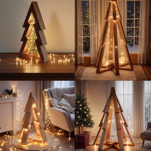 May include: Wooden Christmas tree decorations in various settings. The trees are constructed from light-colored wood and feature a tree-shaped design. Each tree is illuminated with warm white string lights, creating a cozy, festive atmosphere.
