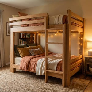 Peut inclure: Un lit superposé en bois clair avec une échelle. Les lits sont garnis de coussins et de couvertures orange, vertes et crème. Des guirlandes lumineuses sont accrochées sur le cadre. L'ensemble est dans une pièce aux tons neutres.