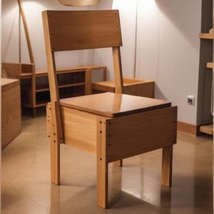 Può includere: Sedia in legno chiaro con seduta e schienale rettangolari. La costruzione presenta giunzioni visibili con piccoli elementi di fissaggio scuri. Il design è semplice e moderno, adatto a vari interni. Dimensioni: circa 45 cm x 45 cm.