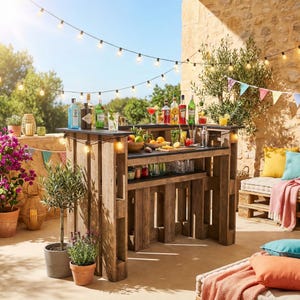 Könnte beinhalten: Eine rustikale Holzbar im Freien mit dunkler Arbeitsplatte, bestückt mit verschiedenen Spirituosen und Mixgetränken. Die Bar ist mit Lichterketten geschmückt und von Topfpflanzen und bunten Kissen umgeben, was eine festliche Atmosphäre schafft.