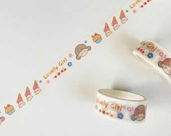 May include: Three rolls of white washi tape with a repeating pattern of a girl with a bow, a cupcake, an ice cream cone, and the text "Lovely Girl".