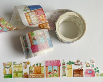 Home and Garden Landscape Washi Tape - Watercolor Window and Furniture design, paper doll house, indoor scenery tape