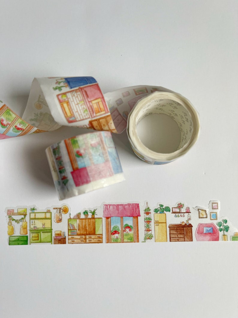 Home and Garden Landscape Washi Tape Watercolor Window and Furniture design, paper doll house, indoor scenery tape image 1