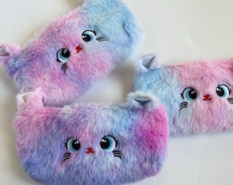 Unique Furry Cat Pencil Case - Sparkling Glitter Ears, Multicolor Magic in Purple, Blue and Pink - Kitten School Supply