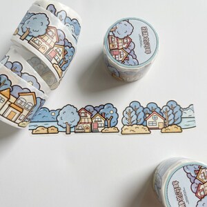 Blue Landscape Winter Wonderland Washi Tape - Trees and Houses Wintery Scenery - Decorative Craft Tape
