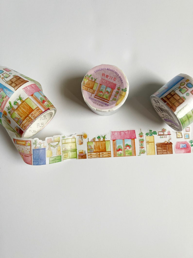 Home and Garden Landscape Washi Tape Watercolor Window and Furniture design, paper doll house, indoor scenery tape image 2