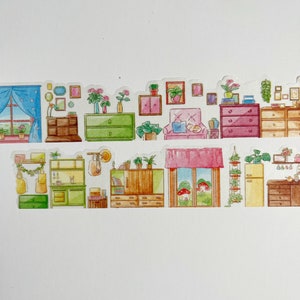 Home and Garden Landscape Washi Tape Watercolor Window and Furniture design, paper doll house, indoor scenery tape image 3