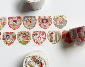 Vintage Valentine’s Hearts Washi Tape - Retro Greeting Card Style Decorative Tape - Lace Hearts, Vintage Kids