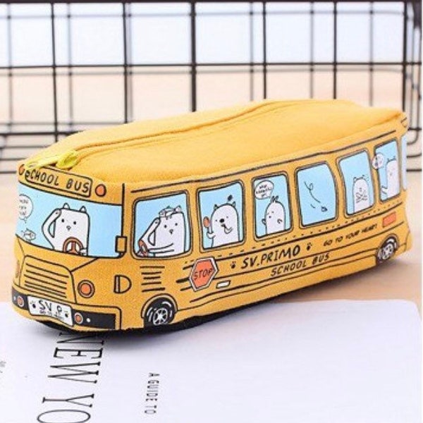 Canvas School Bus Pencil Case - Fun and Functional Back-to-School Essential! Cute Pen Case, Office and School Supply, Kawaii Pencil