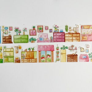 Home and Garden Landscape Washi Tape Watercolor Window and Furniture design, paper doll house, indoor scenery tape image 4