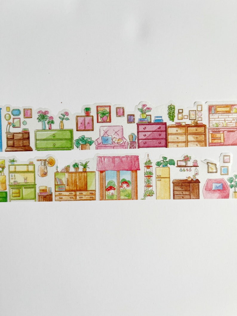 Home and Garden Landscape Washi Tape Watercolor Window and Furniture design, paper doll house, indoor scenery tape image 4