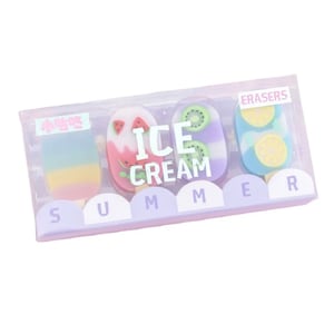 May include: A set of four colorful ice cream eraser toppers in a clear plastic case. The erasers are shaped like popsicles with different fruit designs. The case has the words "ICE CREAM SUMMER" printed on it. The case also has the word "ERASERS" printed on it.
