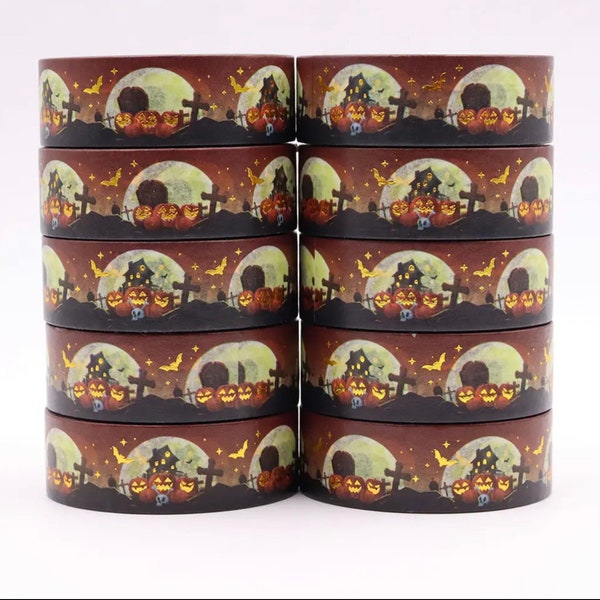 Halloween Haunted House Print Gold Foil Washi Tape - Spooky Decor for Crafts & Journaling, Pumpkin Themed Decorative Tape, Notebook, Planner