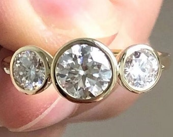 Bezel Set Round Moissanite Engagement Ring, Three Stone Wedding Ring, Trilogy Moissanite Ring, Promise Ring, Anniversary Ring Gift For Her