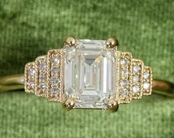 1ct Emerald Cut Moissanite Engagement Ring 14K Gold Ring Art Deco Vintage Ring Unique Moissanite Promise Ring Classic Wedding Ring