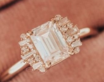 9x7 mm Emerald Cut Colorless Moissanite Engagement Ring, Unique Cluster Emerald Diamond Wedding Ring, Emerald Baguette and Round Stone Ring