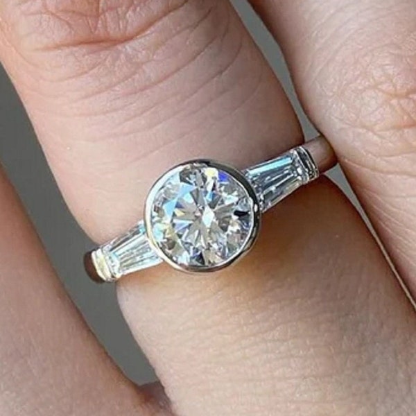 2 CT Round Cut Moissanite Engagement Ring, Three Stone Bezel Set Wedding Ring, Side Tapered Baguette Moissanite Anniversary Ring For Her