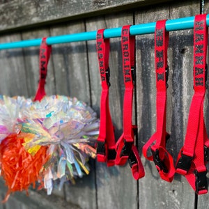May include: Five red leashes with black text hanging on a blue bar. The leashes have the names "KIMMA", "DIAMOND", "CAROLINA", "JI-YEON", and "HAMMER" printed on them.