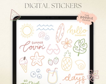 Summer Digital Stickers, Beach Holiday Stickers for Digital Planner, Tropical PNGs, Cute Line Art Stickers, Goodnotes Elements
