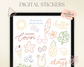 Pegatinas digitales de verano, pegatinas de vacaciones en la playa para planificador digital, PNG tropicales, pegatinas de arte de línea linda, elementos Goodnotes