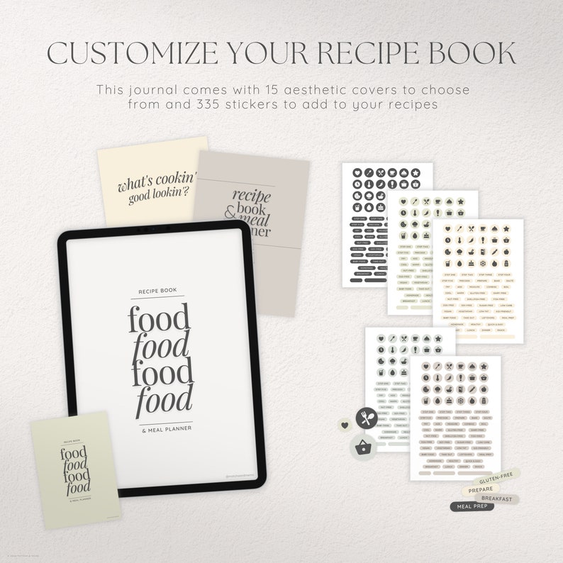 May include: A customizable recipe book with 15 covers and 335 stickers. The book cover features the text "food food food food" and "& Meal Planner". The stickers include icons for various food categories, meal types, and dietary restrictions.