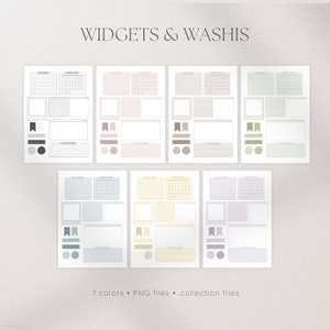 May include: Seven printable planner sticker sheets in different colors, including gray, pink, green, blue, yellow, and purple. Each sheet features a calendar, to-do list, and other widgets. The text "WIDGETS & WASHIS" is at the top of the image.